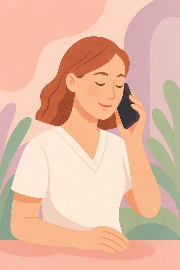 Illustration d’une jeune sage-femme bienveillante tenant un téléphone portable, à l’écoute de ses patientes, dans un style doux et coloré inspiré du bien-être.