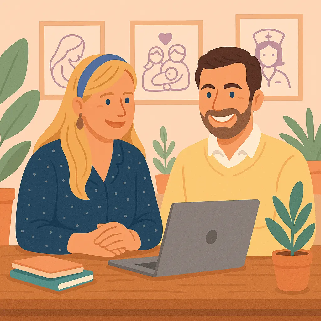 Illustration de l'équipe des créateurs de Naissantiel- Naissance et maternité sur un ordinateur portable, entourée de plantes et de carnets, dans une ambiance douce et minimaliste. Représente l’univers bienveillant et créatif de Naissantiel.