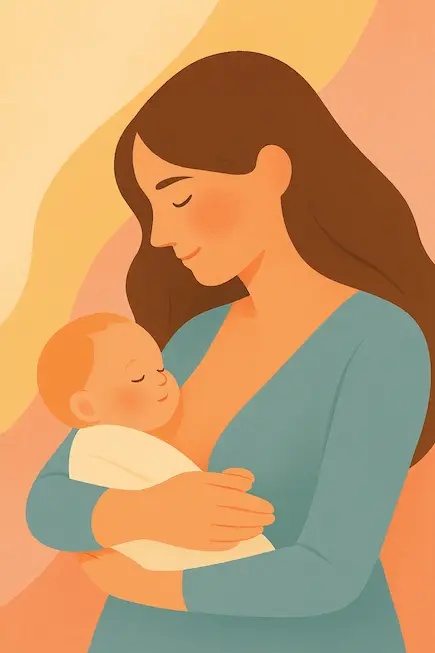 Illustration douce d’une maman européenne regardant tendrement son nouveau-né – maternité bienveillante, lien parent-enfant
