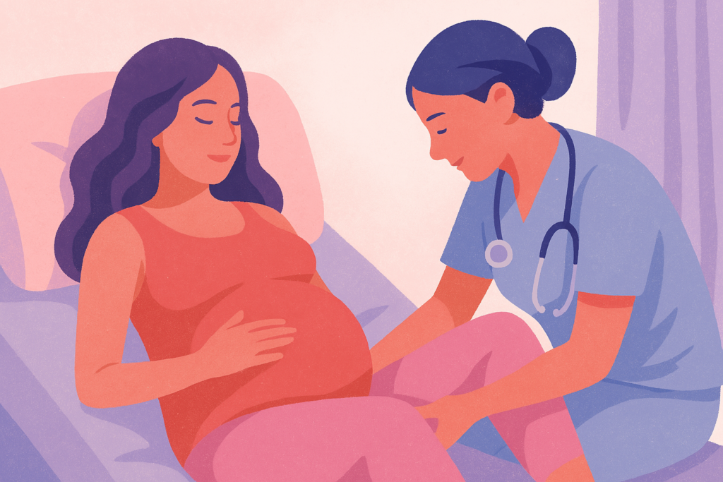 Illustration d’une sage-femme accompagnant une maman pendant l’accouchement – réseau de professionnels périnatals