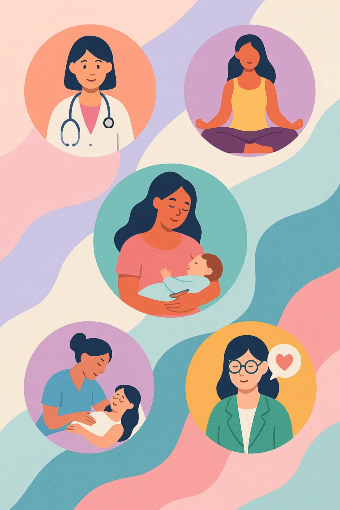Illustration de professionnels en périnatalité : pédiatre, doula, masseuse, prof de yoga, psychologue – accompagnement autour de la naissance et maternité