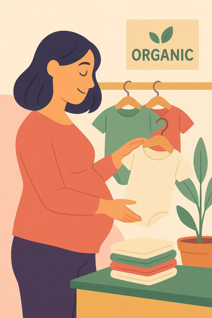 Une femme enceinte souriante choisit un body en coton bio dans un magasin de vêtements pour bébé, devant un panneau “ORGANIC”.