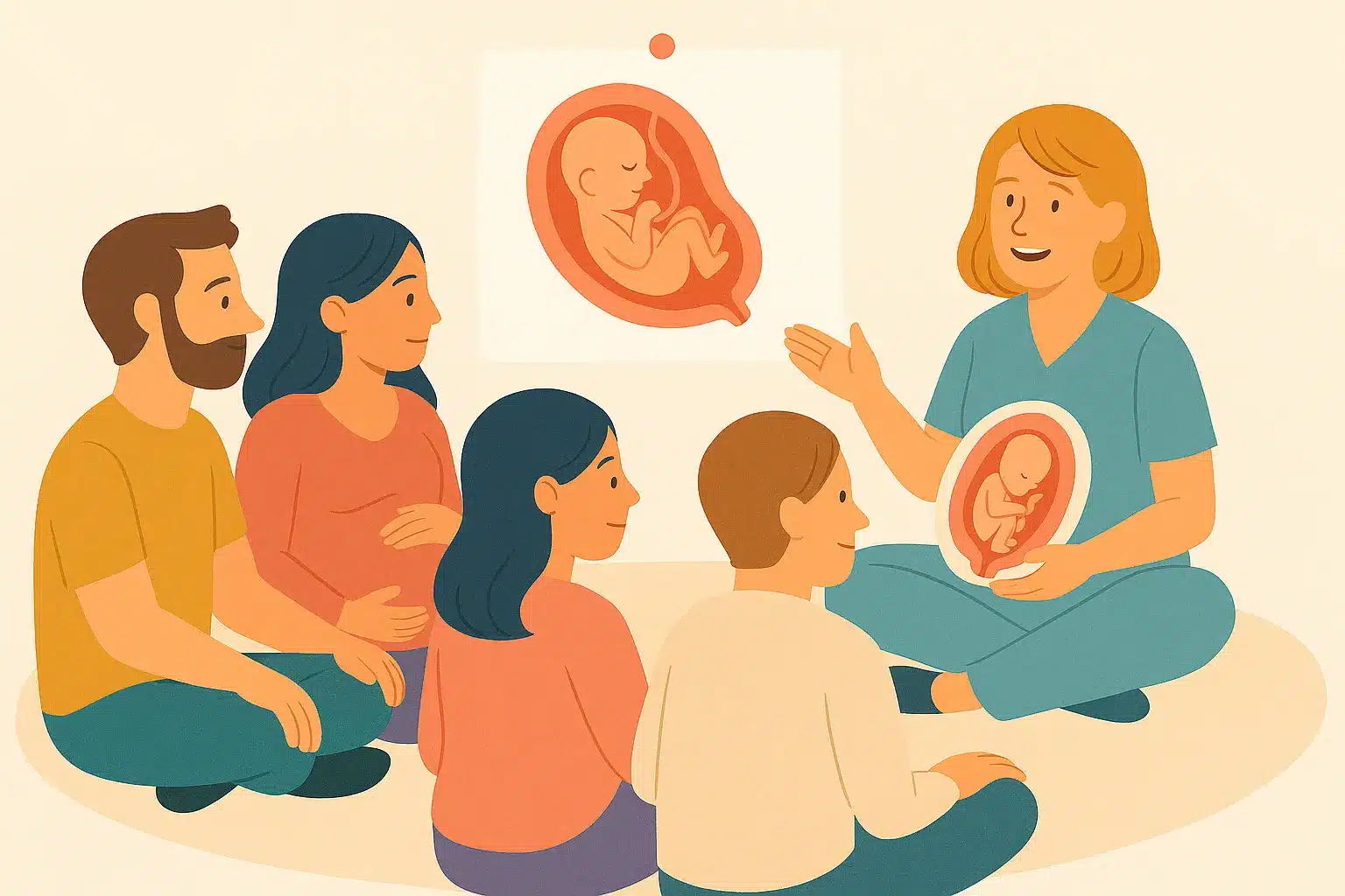 Atelier sur la physiologie de la naissance avec une sage-femme expliquant les étapes de l’accouchement à des couples de futurs parents – préparation à la naissance Naissantiel
