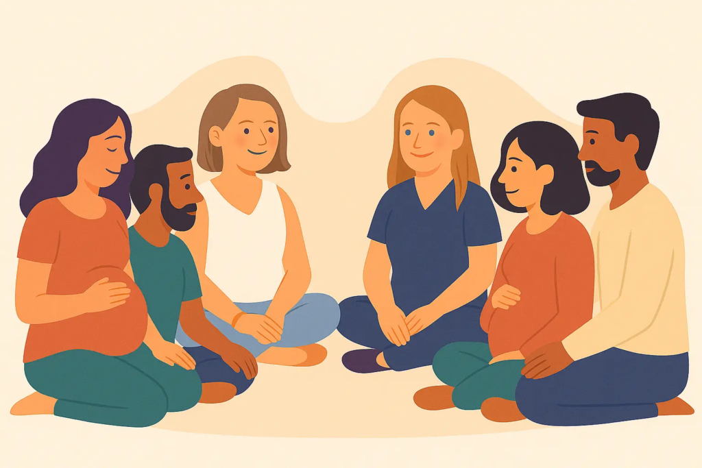 Séance de préparation à la naissance animée par deux sages-femmes avec des couples de parents – Naissantiel maternité